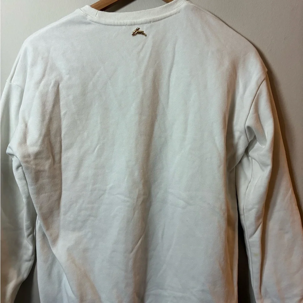 White Cat Sweatshirt with Blue Cat Print. Size M